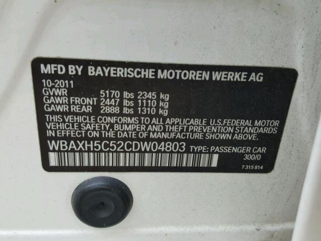 WBAXH5C52CDW04803 - 2012 BMW 528 XI WHITE photo 10