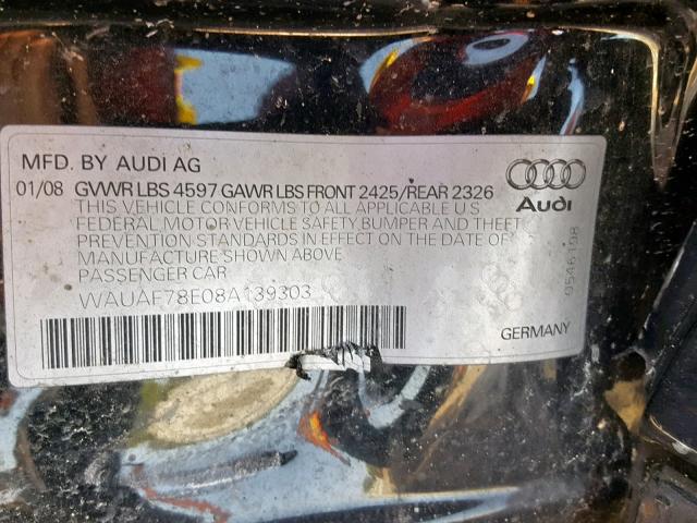 WAUAF78E08A139303 - 2008 AUDI A4 2.0T BLACK photo 10