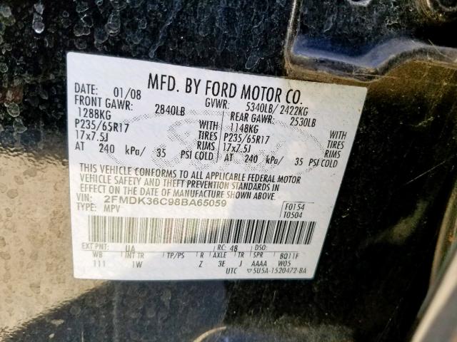 2FMDK36C98BA65059 - 2008 FORD EDGE SE BLACK photo 10