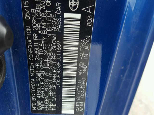 JTKJF5C78FJ011669 - 2015 TOYOTA SCION TC ლურჯი ფოტო 10