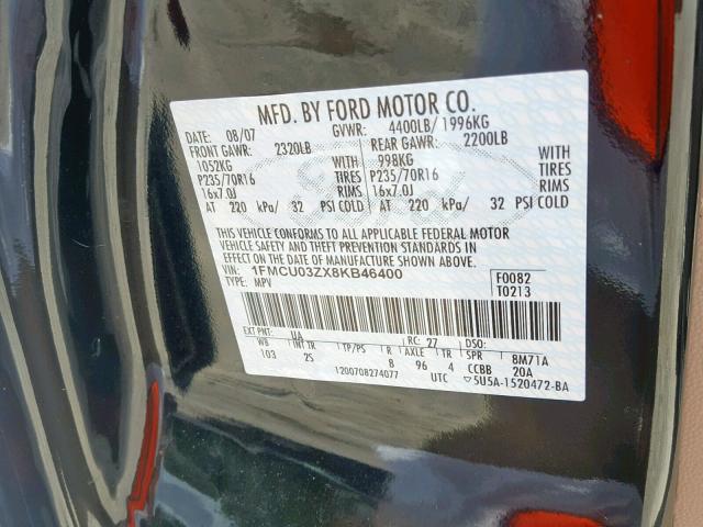 1FMCU03ZX8KB46400 - 2008 FORD ESCAPE XLT BLACK photo 10