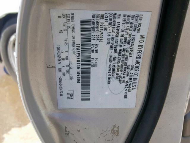 1FAFP55U14G189808 - 2004 FORD TAURUS SES GRAY photo 10