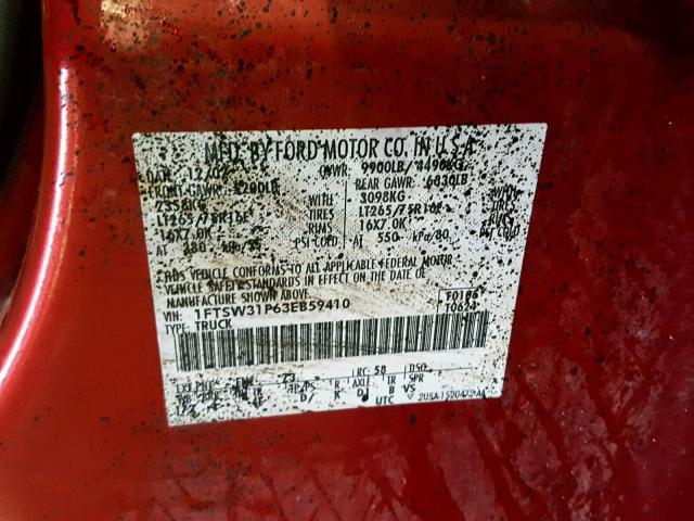 1FTSW31P63EB59410 - 2003 FORD F350 SRW S RED photo 10