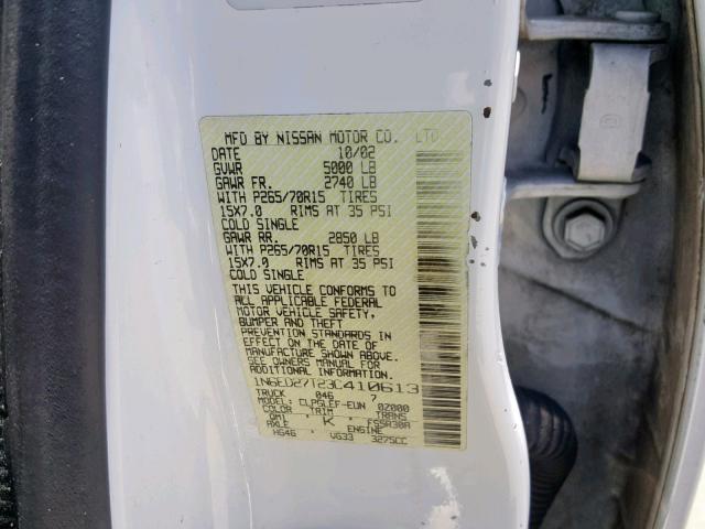 1N6ED27T23C410613 - 2003 NISSAN FRONTIER C WHITE photo 10