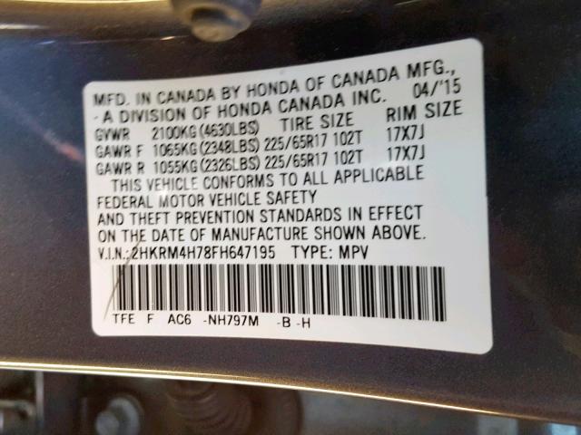 2HKRM4H78FH647195 - 2015 HONDA CR-V EXL GRAY photo 10