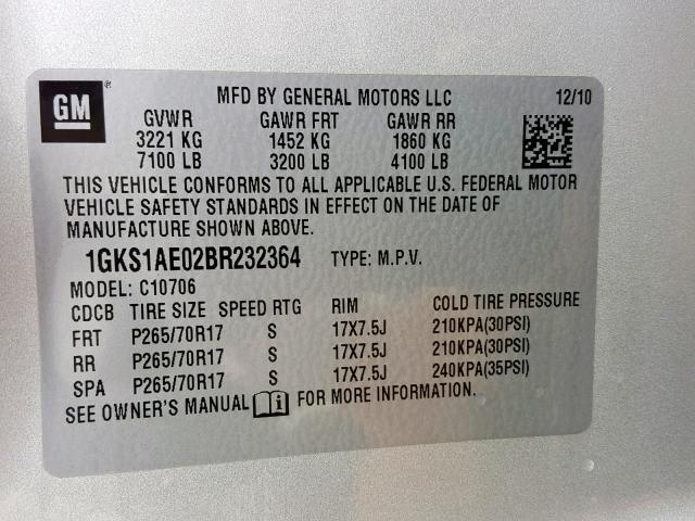 1GKS1AE02BR232364 - 2011 GMC YUKON SLE SILVER photo 10