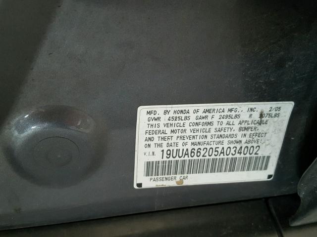 19UUA66205A034002 - 2005 ACURA TL GRAY photo 10