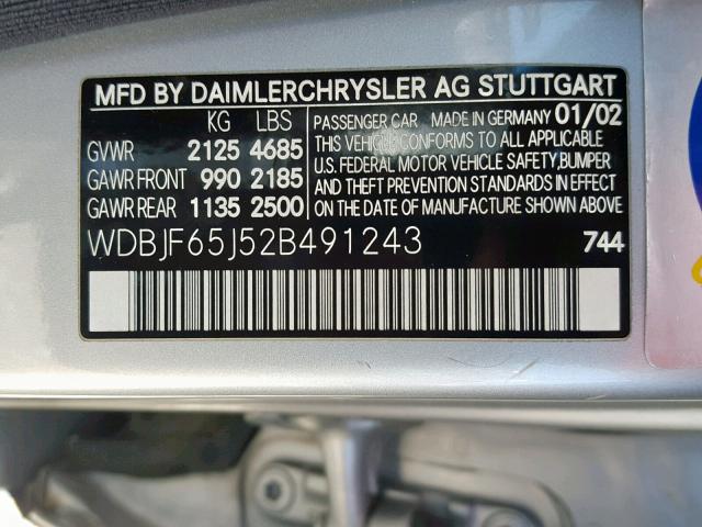 WDBJF65J52B491243 - 2002 MERCEDES-BENZ E 320 SILVER photo 10