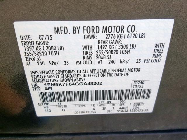 1FM5K7F84GGA48202 - 2016 FORD EXPLORER L GRAY photo 10