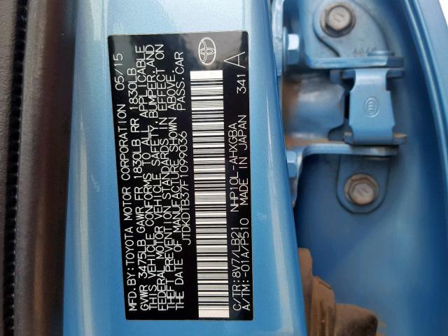 JTDKDTB37F1099036 - 2015 TOYOTA PRIUS C BLUE photo 10