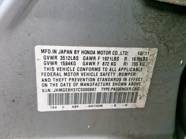 JHMGE8H37CS000887 - 2012 HONDA FIT SILVER photo 10