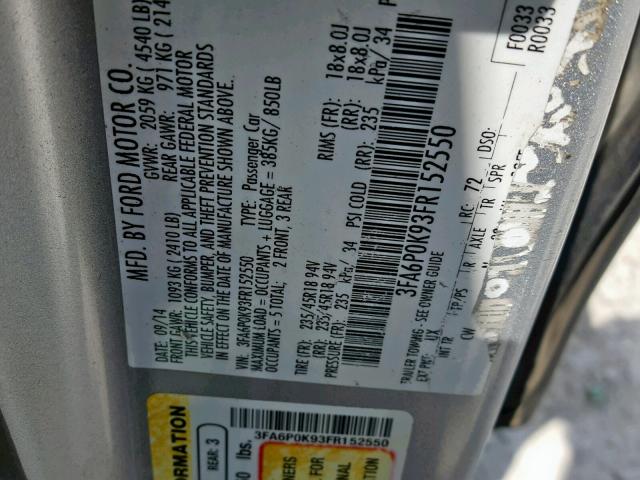 3FA6P0K93FR152550 - 2015 FORD FUSION TIT SILVER photo 10