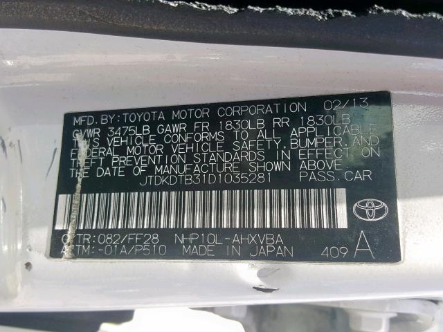 JTDKDTB31D1035281 - 2013 TOYOTA PRIUS C WHITE photo 10