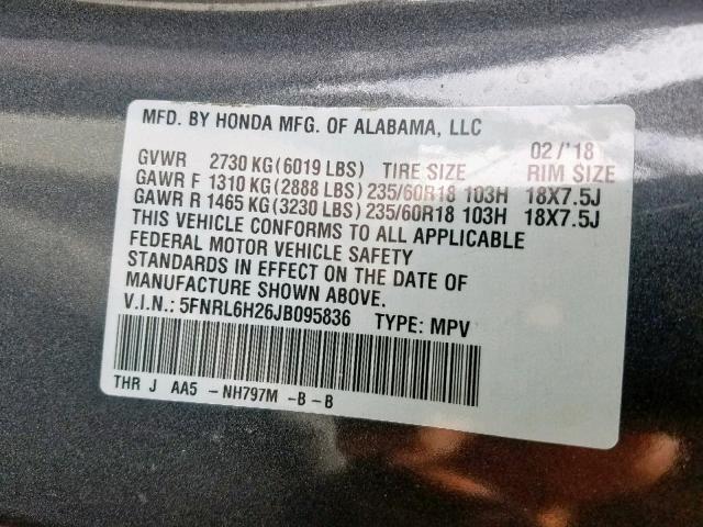 5FNRL6H26JB095836 - 2018 HONDA ODYSSEY LX GRAY photo 10