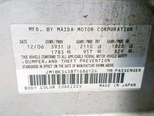 JM1BK343871686124 - 2007 MAZDA 3 HATCHBAC SILVER photo 10