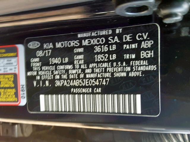 3KPA24AB5JE054747 - 2018 KIA RIO LX BLACK photo 10