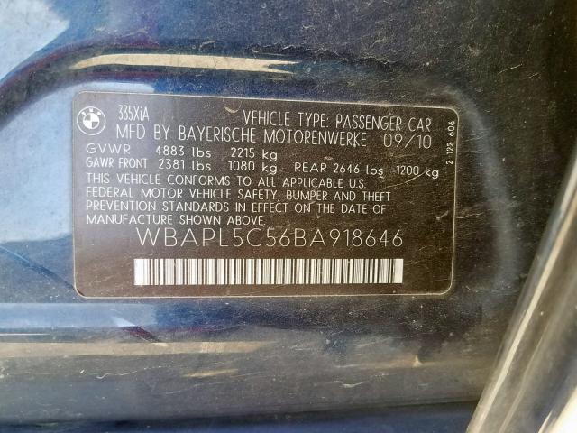 WBAPL5C56BA918646 - 2011 BMW 335 XI BLUE photo 10