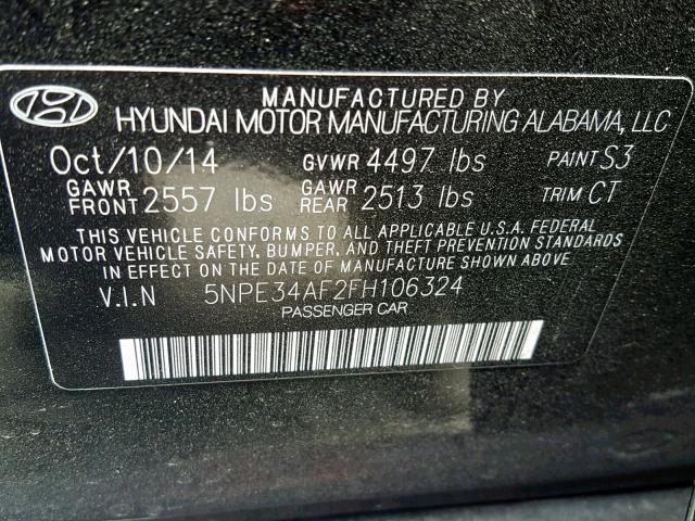 5NPE34AF2FH106324 - 2015 HYUNDAI SONATA SPO BLACK photo 10