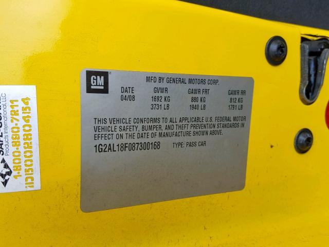 1G2AL18F087300168 - 2008 PONTIAC G5 YELLOW photo 10