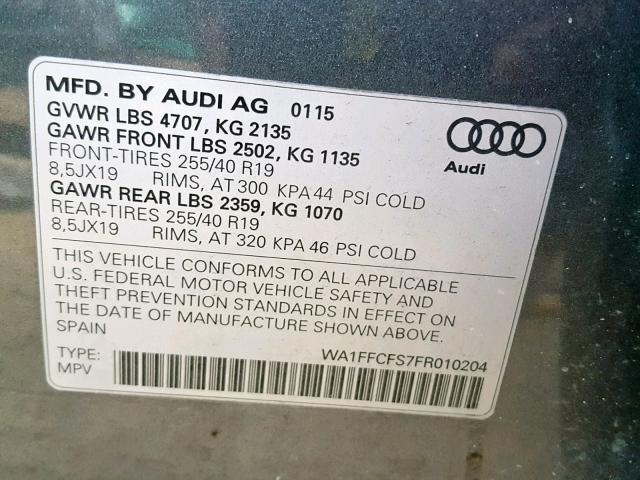 WA1FFCFS7FR010204 - 2015 AUDI Q3 PRESTIG GRAY photo 10