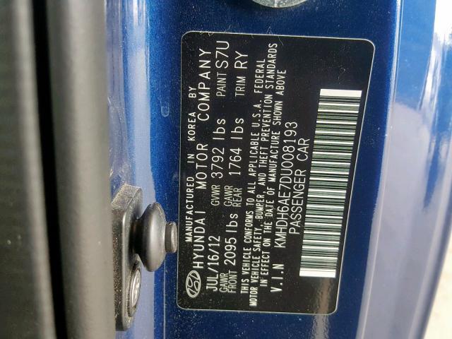 KMHDH6AE7DU008193 - 2013 HYUNDAI ELANTRA CO BLUE photo 10