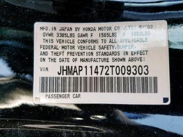 JHMAP11472T009303 - 2002 HONDA S2000 BLACK photo 10