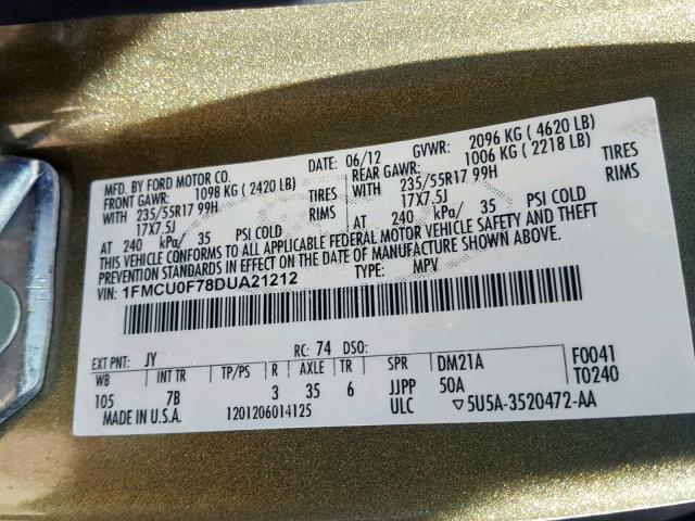 1FMCU0F78DUA21212 - 2013 FORD ESCAPE S GREEN photo 10