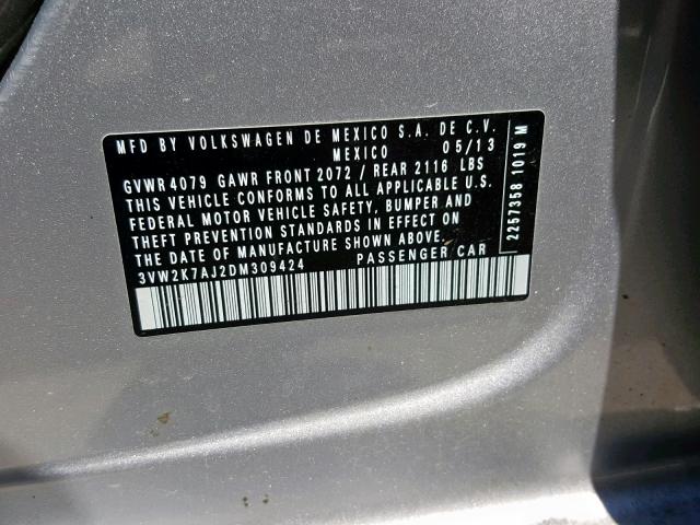 3VW2K7AJ2DM309424 - 2013 VOLKSWAGEN JETTA BASE ვერცხლისფერი ფოტო 10