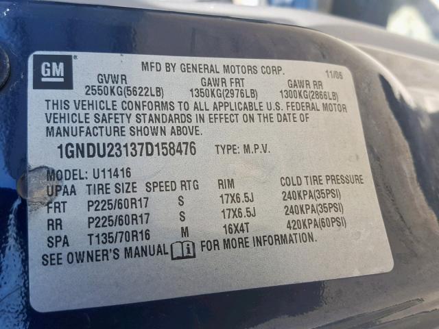 1GNDU23137D158476 - 2007 CHEVROLET UPLANDER L BLUE photo 10