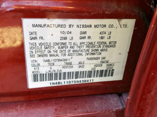 1N4BL11D75N438411 - 2005 NISSAN ALTIMA SE RED photo 10