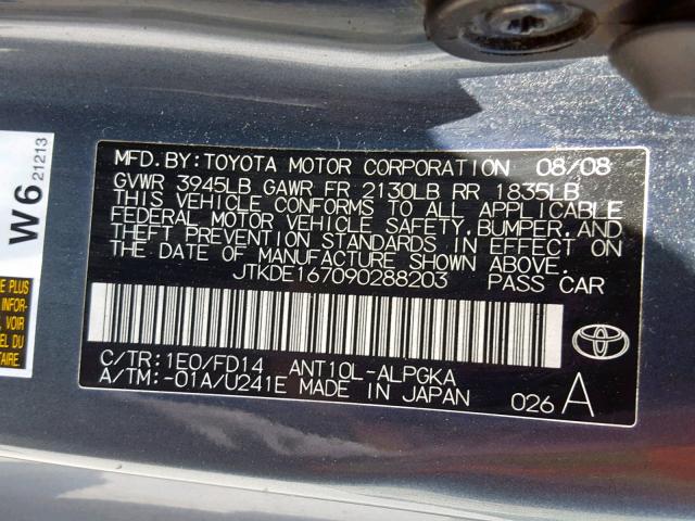 JTKDE167090288203 - 2009 TOYOTA SCION TC კრემისფერი ფოტო 10