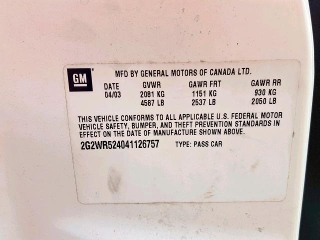 2G2WR524041126757 - 2004 PONTIAC GRAND PRIX WHITE photo 10