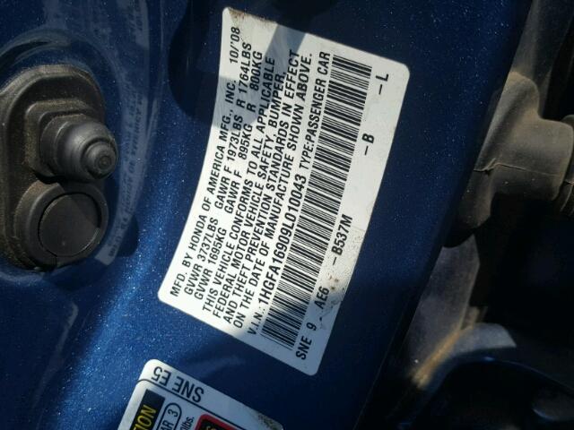 1HGFA16909L010043 - 2009 HONDA CIVIC EXL BLUE photo 10