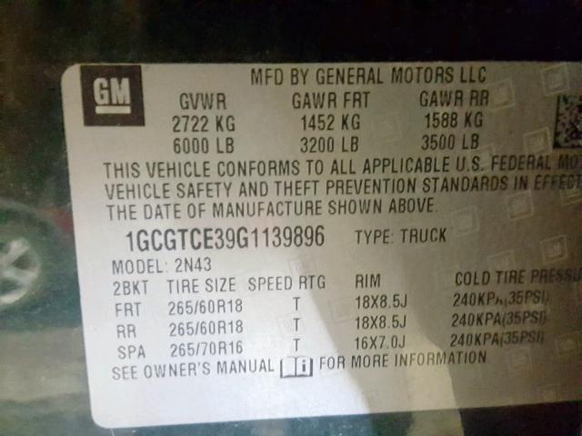 1GCGTCE39G1139896 - 2016 CHEVROLET COLORADO L GREEN photo 10