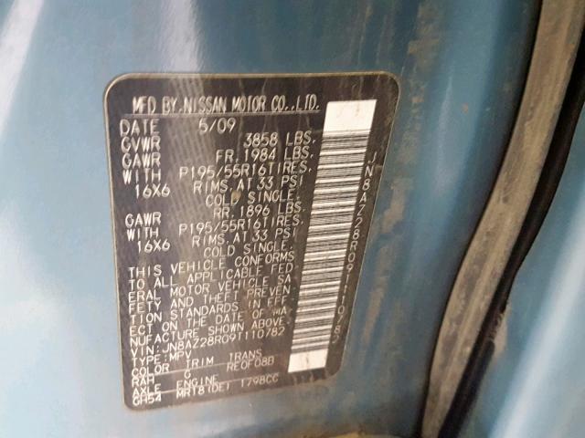 JN8AZ28R09T110782 - 2009 NISSAN CUBE BASE BLUE photo 10