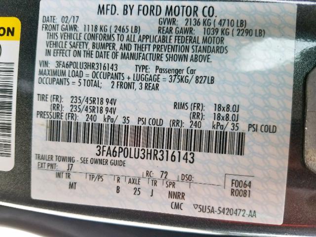 3FA6P0LU3HR316143 - 2017 FORD FUSION SE GRAY photo 10