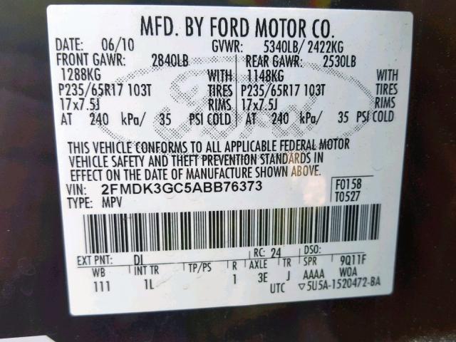 2FMDK3GC5ABB76373 - 2010 FORD EDGE SE BLACK photo 10