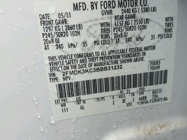 2FMDK3KC3BBB31232 - 2011 FORD EDGE LIMIT WHITE photo 10