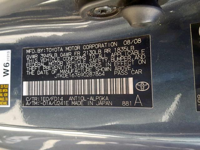 JTKDE167690287864 - 2009 TOYOTA SCION TC 灰色 照片 10