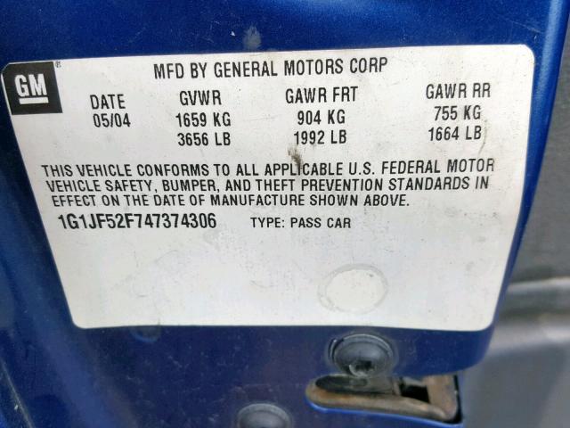 1G1JF52F747374306 - 2004 CHEVROLET CAVALIER L BLUE photo 10