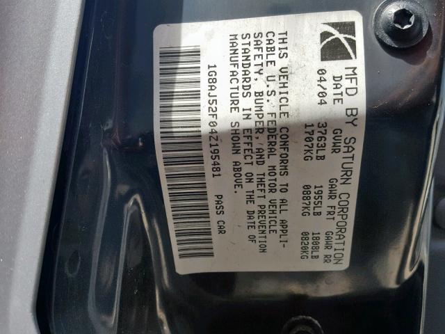 1G8AJ52F04Z195481 - 2004 SATURN ION LEVEL SILVER photo 10
