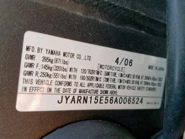 JYARN15E56A006524 - 2006 YAMAHA YZFR1 BLACK photo 10