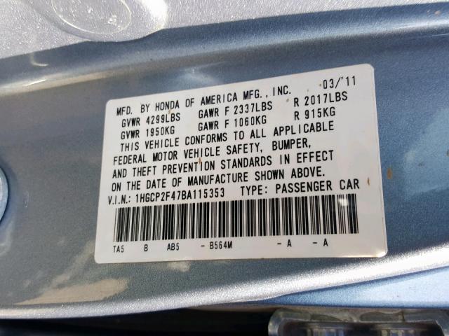 1HGCP2F47BA115353 - 2011 HONDA ACCORD LXP BLUE photo 10