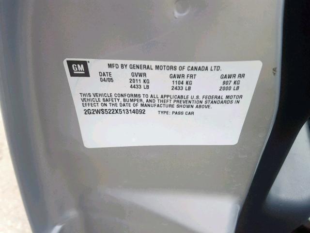 2G2WS522X51314092 - 2005 PONTIAC GRAND PRIX SILVER photo 10