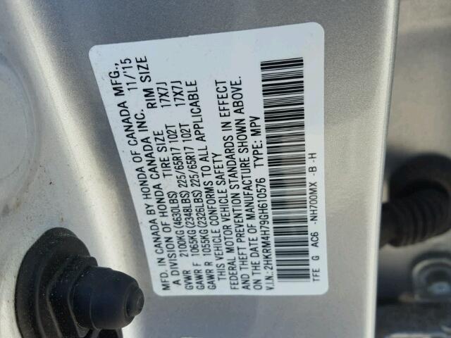 2HKRM4H79GH610576 - 2016 HONDA CR-V EXL SILVER photo 10