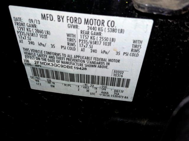 2FMDK3GC9DBE19428 - 2013 FORD EDGE SE BLACK photo 10