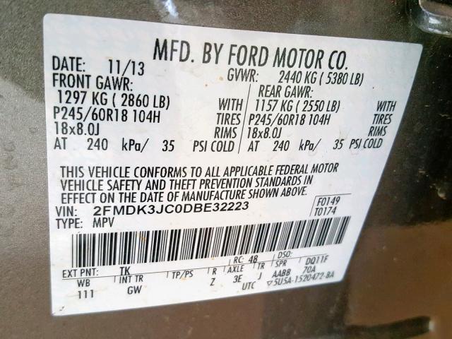 2FMDK3JC0DBE32223 - 2013 FORD EDGE SEL BROWN photo 10