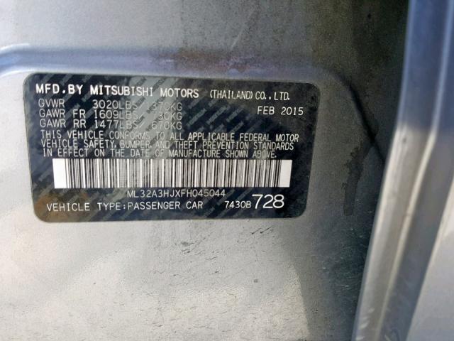 ML32A3HJXFH045044 - 2015 MITSUBISHI MIRAGE DE SILVER photo 10