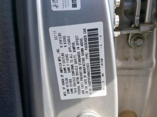 1HGCP3F84BA022833 - 2011 HONDA ACCORD EXL SILVER photo 10