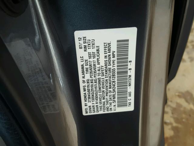 5FNRL5H24CB128555 - 2012 HONDA ODYSSEY LX GRAY photo 10